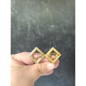 Gold Tone Metal Wishbone Shaped Pink Cabochon Clip-on Earrings Vintage